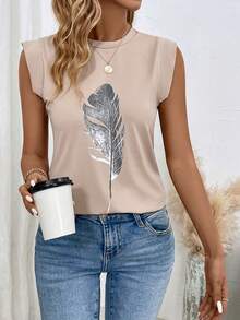 SHEIN LUNE Camiseta con estampado de pluma de manga casquillo - Caqui - Ver 5