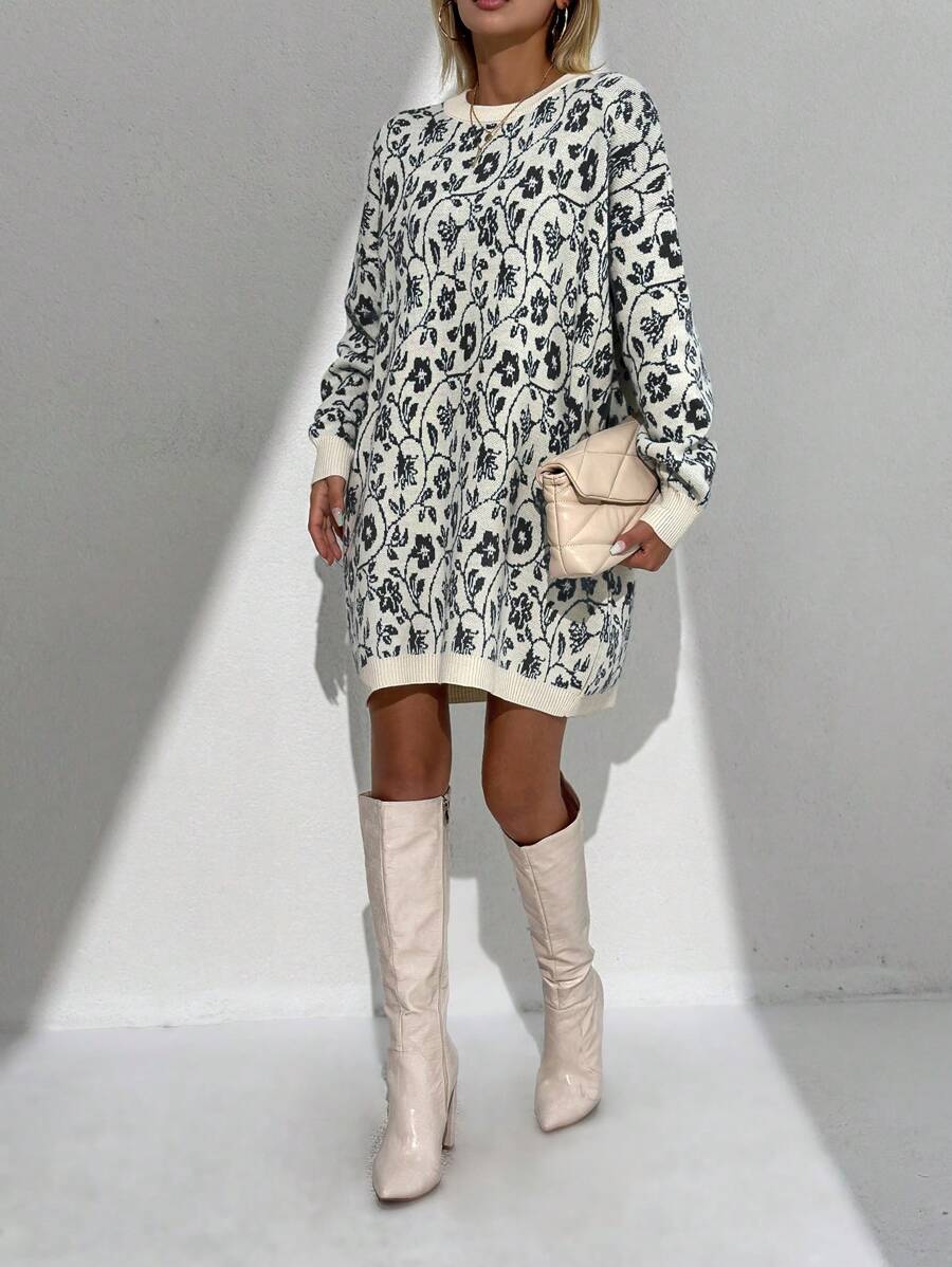SHEIN Cottnline Flower Pattern Drop Shoulders Long Sweater - Black - View 1