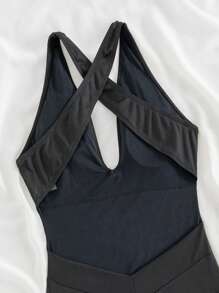 SHEIN Swim V領一件式泳衣音樂節 - 黑色 - 查看 6