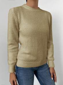 EURMUSE Women's Round Neck Long Sleeve Sweater - Beige - View 5