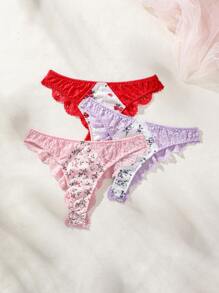 SHEIN 3pack Floral Print Lace Trim Thong Lingerie - Multicolor - View 4