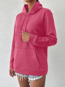 EURMUSE Women's Solid Color Drop Shoulder Hoodie With Drawstring - Coral Pink - View 4