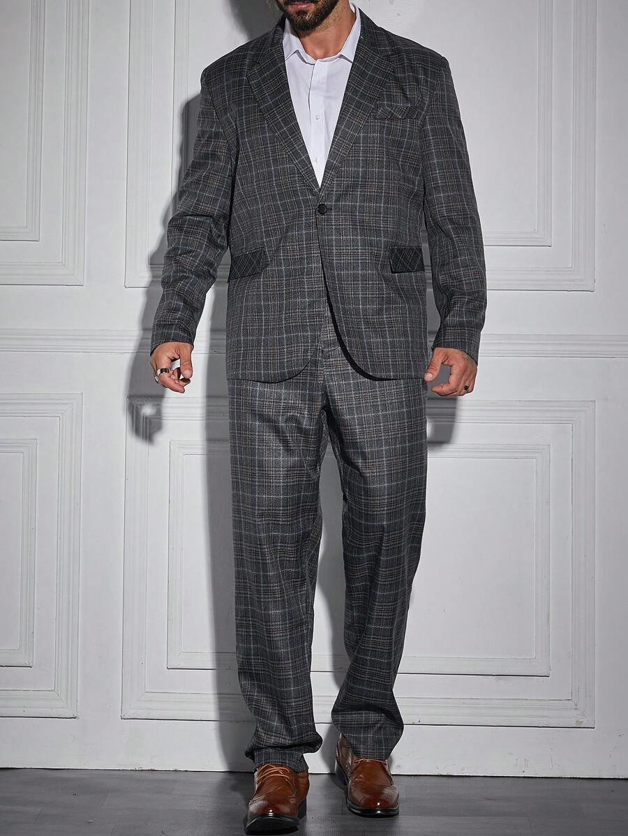 Manfinity Mode Men Plus Plaid Single Button Blazer & Suit Pants Set