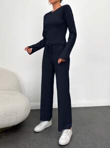 SHEIN Cottnline 100%纯棉女式落肩T恤和抽绳腰裤套装 - 藏蓝色 - 查看 5