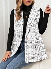 SHEIN Franclia 大碼格紋單釦馬甲西裝外套 - 白色 - 查看 1