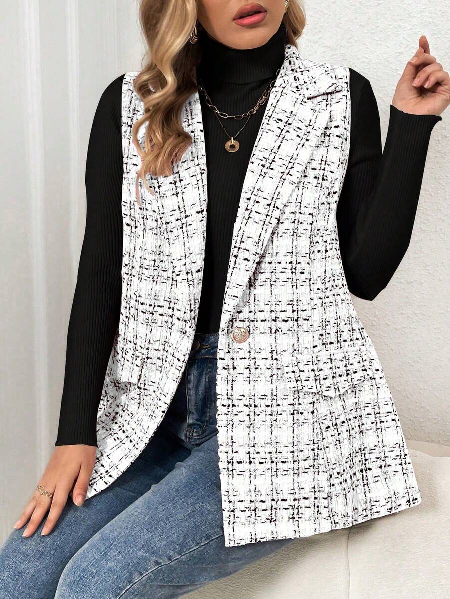 SHEIN Franclia 大碼格紋單釦馬甲西裝外套 - 白色 - 查看 1