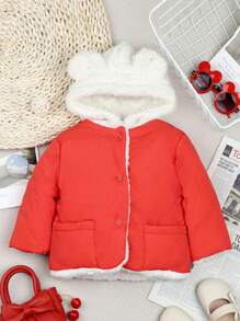 Baby Mädchen Kapuzenjacke mit Doppeltaschen, Knopfverschluss und 3D-Ohren Design für den Winter - Rot - Übersicht 1