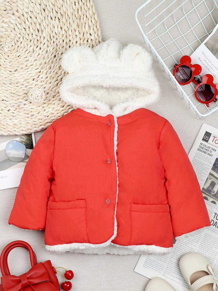 Baby Mädchen Kapuzenjacke mit Doppeltaschen, Knopfverschluss und 3D-Ohren Design für den Winter - Rot - Übersicht 1