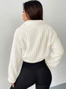 SHEIN EZwear 春季白色半拉链落肩短款运动衫连帽衫，长袖上衣 - 白色 - 查看 2