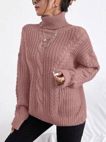 Cloudara Jersey cuello alto tejido de cable de hombros caídos - Rosa coral - Ver 5