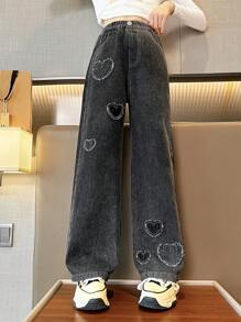 Tween Girls Heart Pattern Wide Leg Jeans - Black - View 1