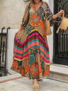 V-Neck Lantern Sleeve Allover Graphic Pattern Dress, Fashion - Multicolor - View 1