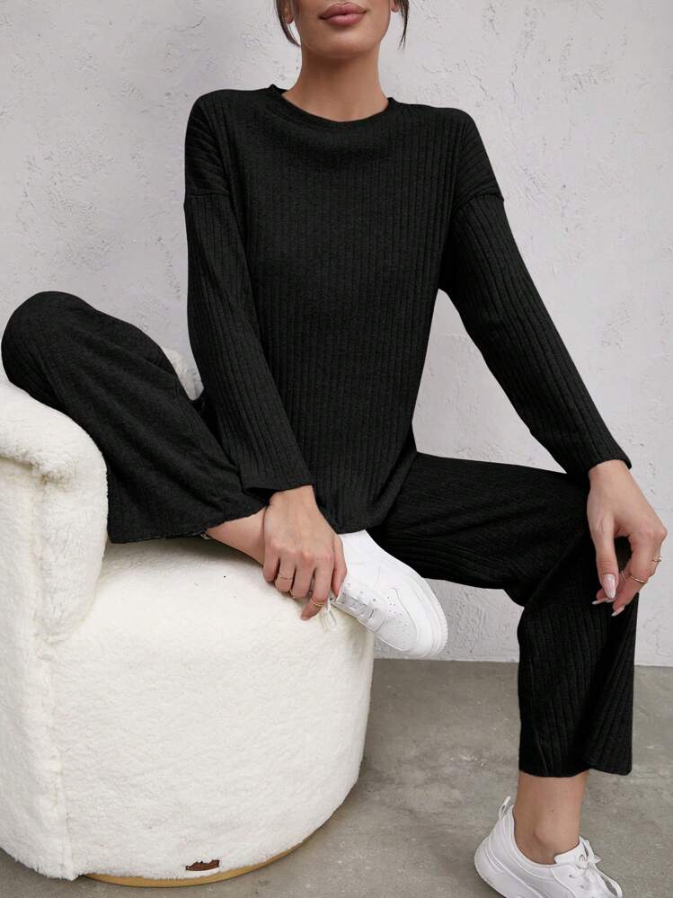Cloudara Mock Neck Drop Shoulder Tee And Trousers - Black - View 1