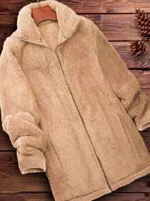Plus Size Zip-Up Furry Cardigan, Winter - Apricot - View 1