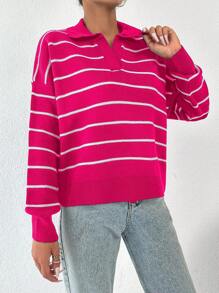 EURMUSE Striped Pattern Drop Shoulder Sweater - Pink - View 4