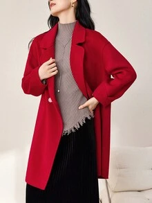 Lapel Neck Drop Shoulder Double Button Overcoat - Red - View 4