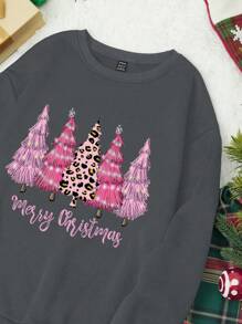 SHEIN LUNE Cây thông noel & Đồ họa Khẩu hiệu Áo pull ấm áp - Màu xám đen - Xem 3