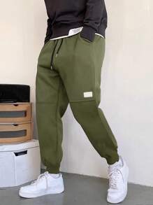 Manfinity Homme 男士貼布細節腰部抽繩衛褲 - 墨綠色 - 查看 1