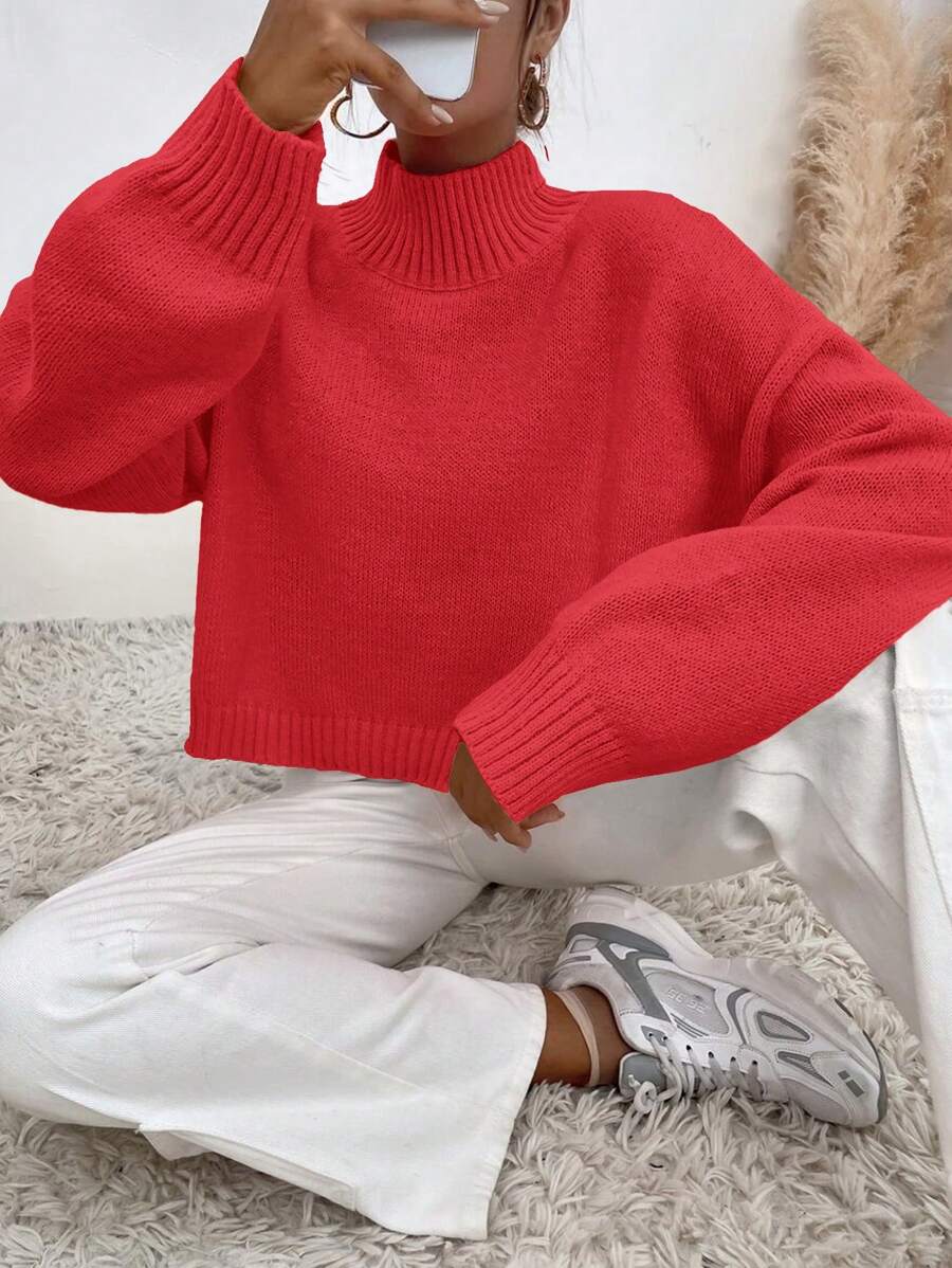 EURMUSE Turtleneck Drop Shoulder Sweater - Red - View 1