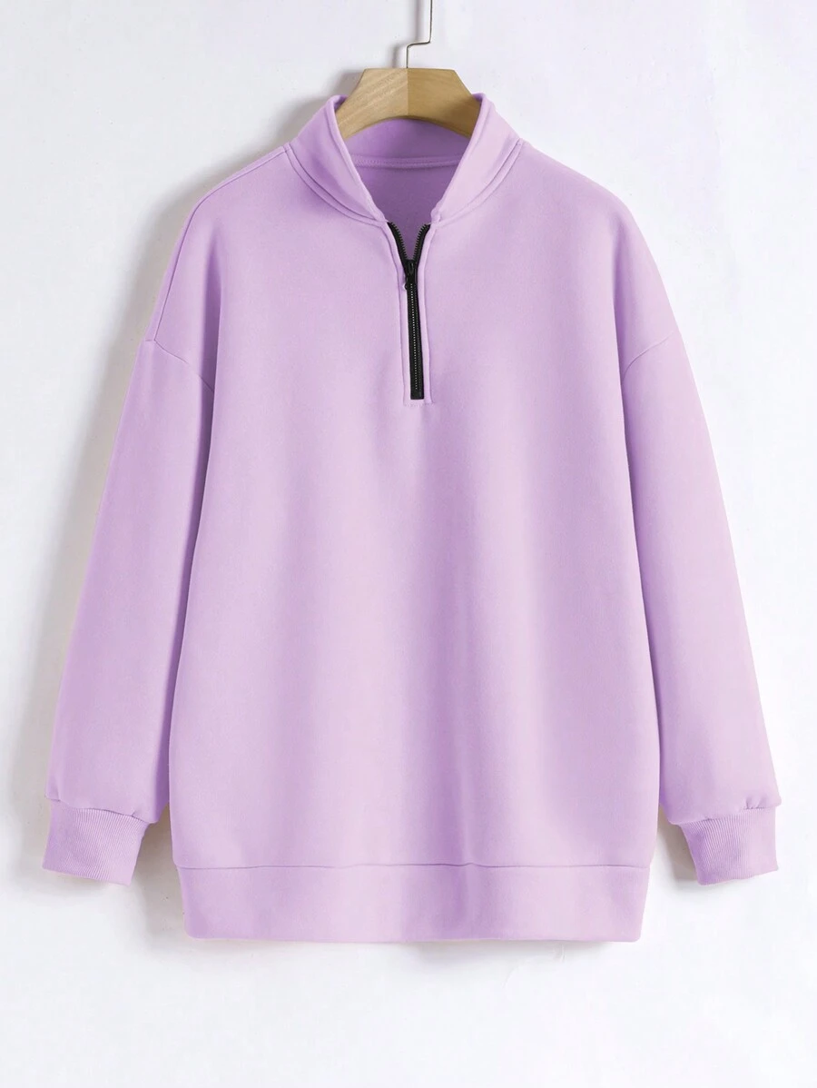 SHEIN Essnce Của phụ nữ Màu thuần Mặt trước Dây kéo Lông cừu Áo nỉ - Màu tím - Xem 1