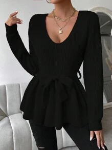 SHEIN Privé 女士深v領配帶套頭毛衣 - 黑色 - 查看 1