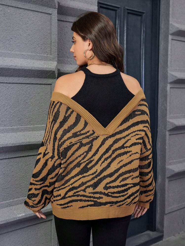 Plus Zebra Striped Pattern Cut Out Mock Neck Drop Shoulder Sweater Knit Pullover Fall Winter Sweater
