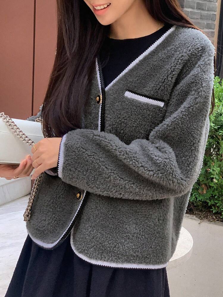 Contrast Binding Button Front Teddy Jacket