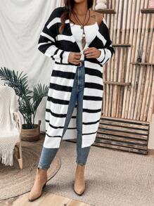 SHEIN LUNE Plus Size Striped Pattern Drop Shoulder Cardigan - Black and White - View 4