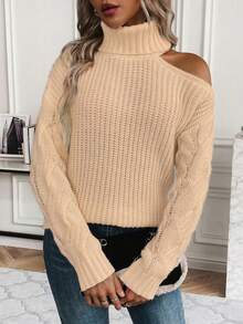 SHEIN Clasi 女士高領純色露肩毛衣 - 卡其色 - 查看 6