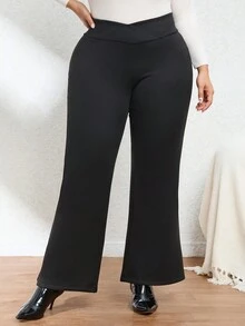 SHEIN Privé 大尺碼優雅喇叭長褲 - 黑色 - 查看 3