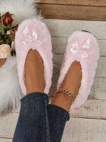 RALSWNAY Women's Soft & Comfortable Indoor Slippers, Faux Fur Heart Pattern With Bow Decor, Massage Floor Shoes,Fluffy Slippers - Baby Pink - View 3