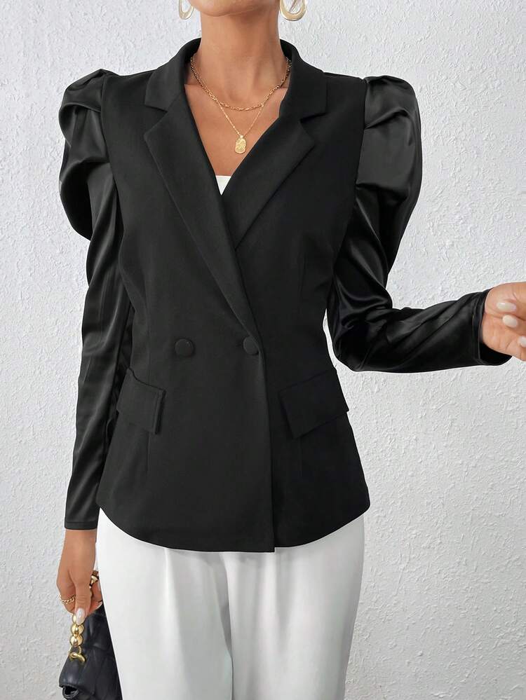 Women's Turn-down Collar Puff Sleeve Double Breasted Blazer Jacket