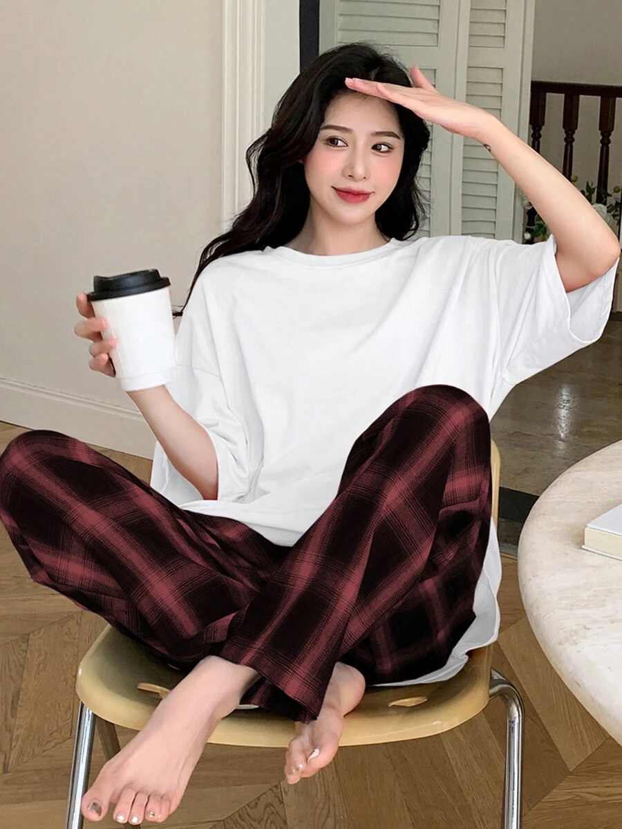 DAZY Solid Drop Shoulder White Tee & Plaid Pants Lounge Set Pajama