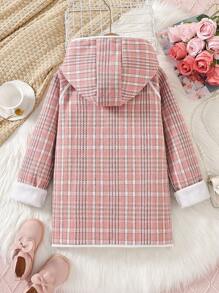 SHEIN Tween Girl Plaid Dual Pocket Raglan Sleeve Contrast Binding Hooded Duffle Overcoat - Multicolor - View 2