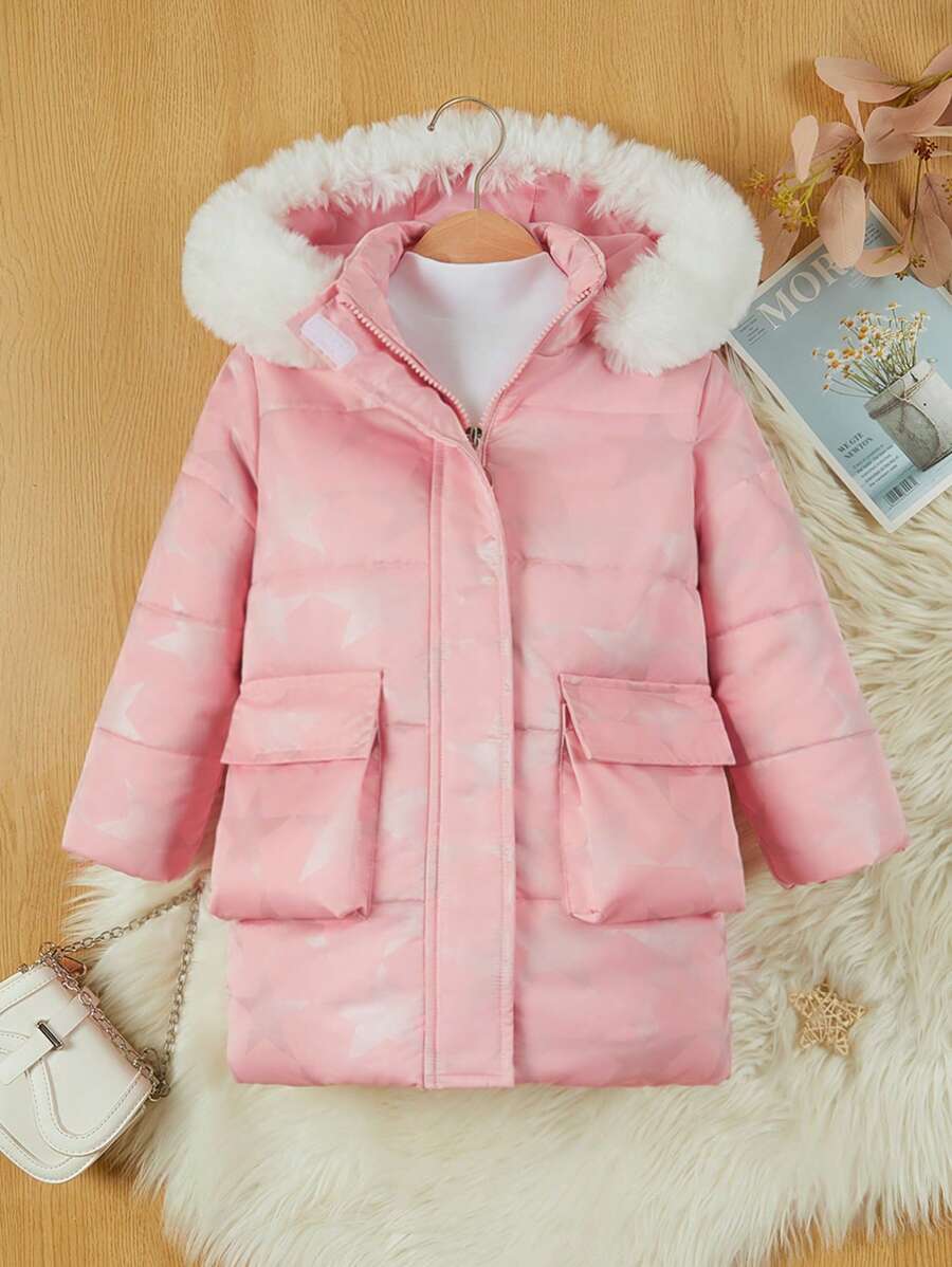 SHEIN Young Girl Hooded Padded Coat With Star Pattern - Pink - View 1