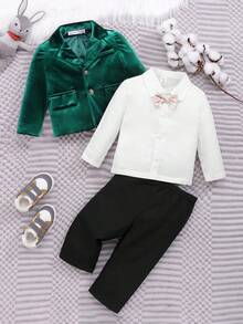 SHEIN Đứa bé trai Ngực đơn Nhung Áo vest & Quần tây & Nơ Áo sơ mi - Nhiều màu - Xem 3