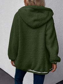 SHEIN LUNE Dual Pocket Striped Trim Hooded Teddy Coat - Army Green - View 2