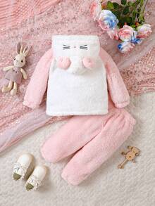 女嬰卡通刺繡插肩袖3D耳朵設計連帽法蘭絨夾克和褲子 - 白色 - 查看 2