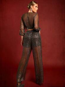 Hauture Glitter Wrap Top & Wide Leg Pants Two Pieces Set