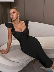 Butterfly Sleeve Split Back Bustier Bandage Bodycon Dress - Black - View 6
