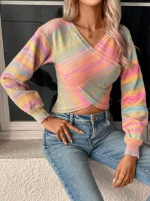 SHEIN LUNE Corante Espacial Cruzamento Crop Suéter - Multicolorido - Ver 3