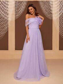 SHEIN Belle Open Shoulder 3D Flower Evening Dress - Mauve Purple - View 7