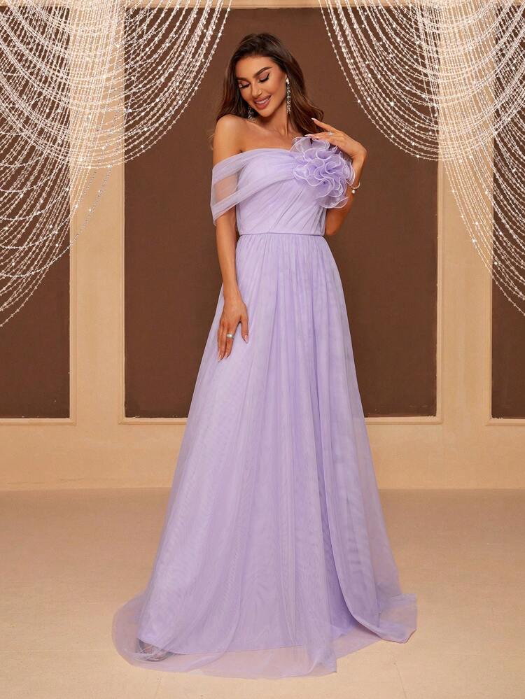 Open Shoulder 3D Flower Evening Dress