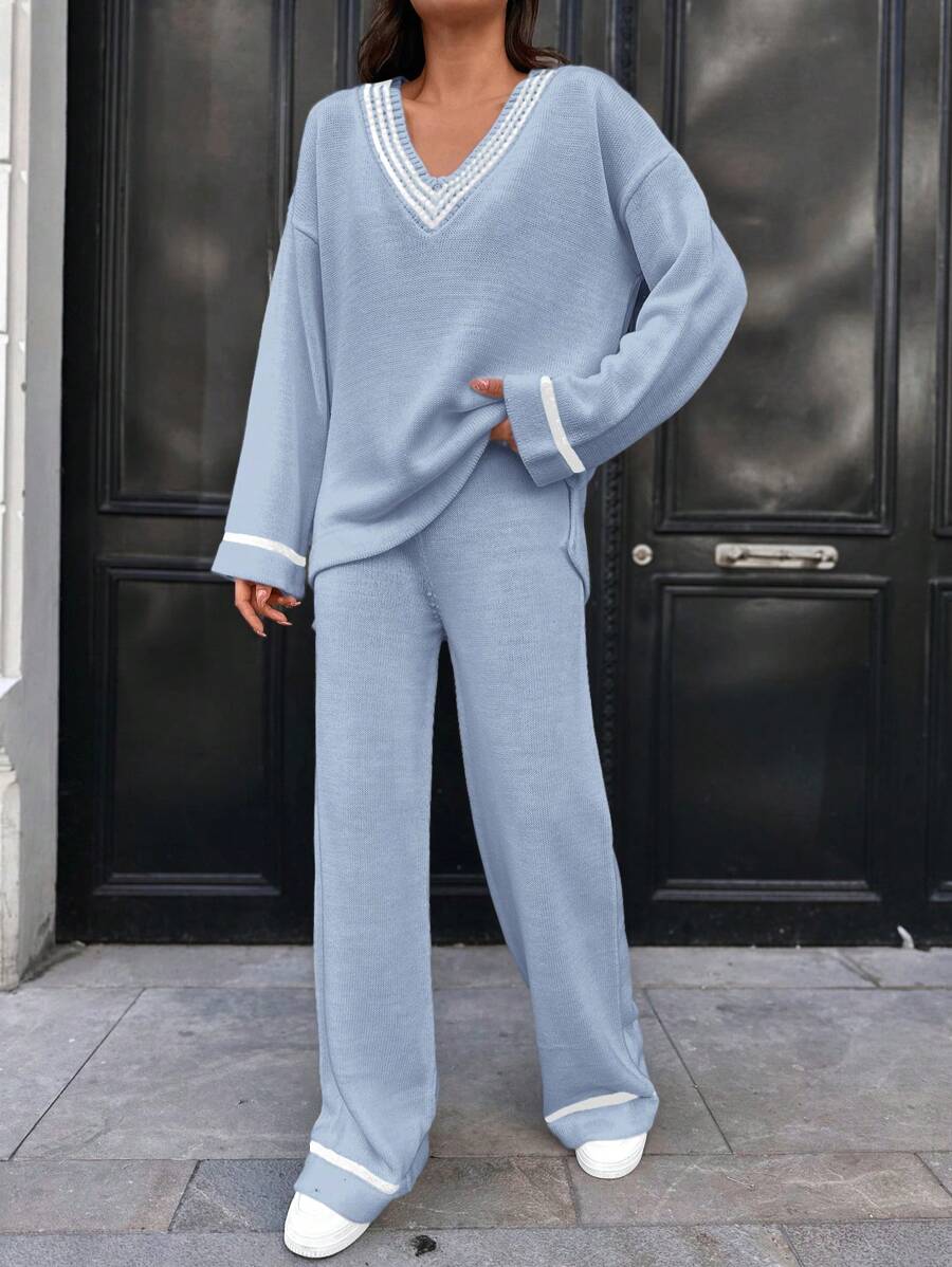 SHEIN Striped Trim Drop Shoulder Sweater & Knit Pants - Multicolor - View 1