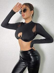 VaVaBold Atasan Wanita Kontras Mesh Memotong Sheer Plain Seksi - Hitam - View 4