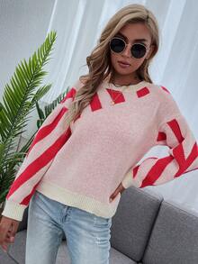 SHEIN Unity Vòng cổ Thả vai Sọc Áo len - Đỏ - Xem 6