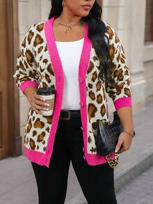 Calvaya Hơn Hoa văn Báo Viền tương phản Áo len Mở - Nhiều màu - Xem 4