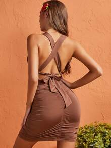 女士修身針織連衣裙,中空腰設計 - 咖啡 - 查看 5