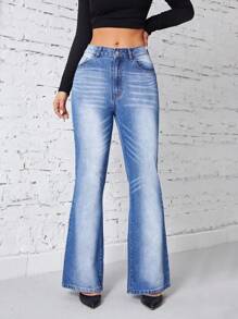 SHEIN Privé Washed Bootcut Denim Trousers - Blue - View 5