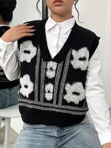 SHEIN Unity 花卉和條紋圖案毛衣背心不帶襯衫 - 黑色 - 查看 5